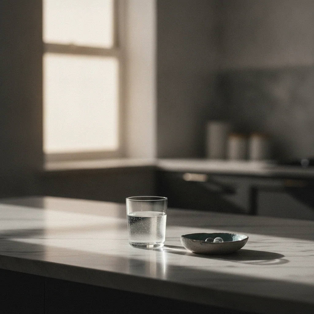 Glas water en een capsule op een lichte keukentafel bij het ontbijt - dagelijks gebruik van Velis