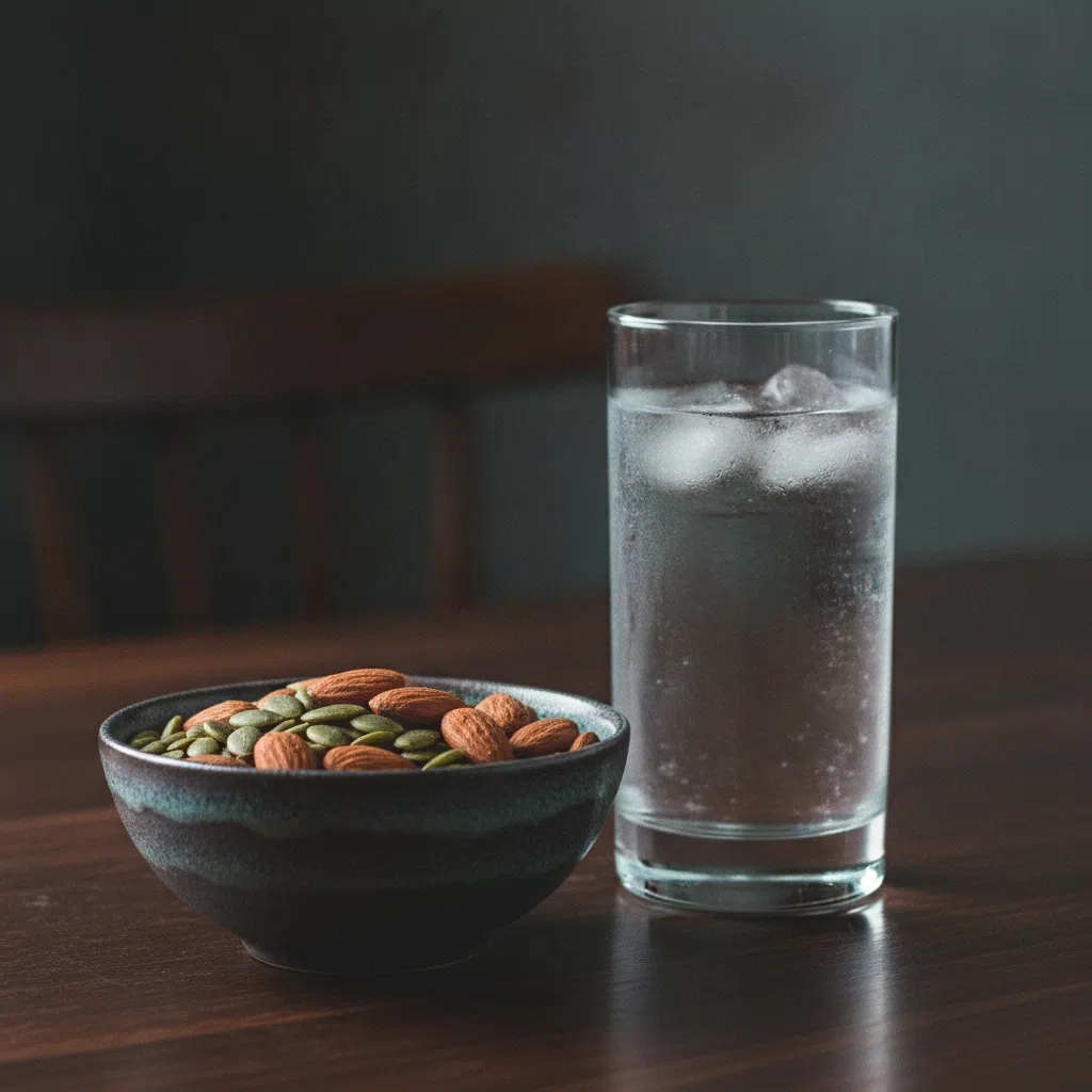 Amandelen en pompoenpitten in keramische schaaltjes naast een glas water - bronnen van magnesium en zink